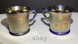 2 tasses vintage Fenton en verre carnaval bleu cobalt Orange Tree LIRE 1907-22