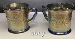 2 tasses vintage Fenton en verre carnaval bleu cobalt Orange Tree LIRE 1907-22