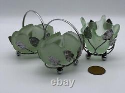 3 Petits Vases à Posy en Verre Vert Givré et Chrome Art Déco de Bagley