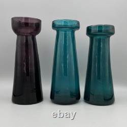 3 vases en verre artistique moderne du milieu du siècle, style scandinave Riihimaki, violet et canard, années 70