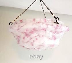 Abat-jour en verre rose marbré style Art Déco pour plafonnier, avec crochets et chaînes