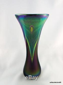 Abelman Grand Iridescent Plume De Paon Studio Art Glass Vase Daté Et Signé