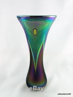 Abelman Grand Iridescent Plume De Paon Studio Art Glass Vase Daté Et Signé