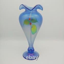 Abelman Vase En Verre D'art 11 Bleu Irisé W Coeurs Suspendus Vtg 1984 Signé