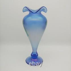 Abelman Vase En Verre D'art 11 Bleu Irisé W Coeurs Suspendus Vtg 1984 Signé
