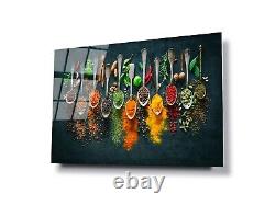 Affiche d'art murale en verre imprimée numériquement HD, cuillères de cuisine et épices abstraites.