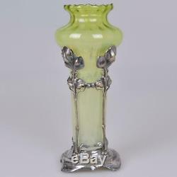 Allemand Wmf Jugendstil Art Nouveau En Laiton Argenté Vase En Verre Vaseline Insert