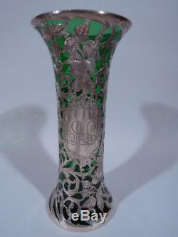Alvin Vase G3326 Art Nouveau Américain, Émeraude Verre Verre & Argent