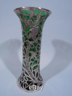 Alvin Vase G3326 Art Nouveau Américain, Émeraude Verre Verre & Argent