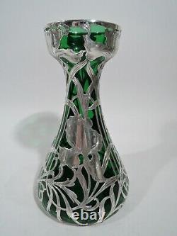 Alvin Vase G3458 Antique Art Nouveau American Green Glass Superposition Argent