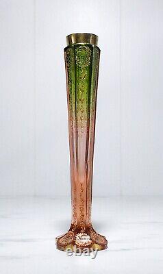 Antique 1890 De Moser Bohème Verre D'art Vert Vers Le Bas À Rose Élevé Gilt Vase Tall
