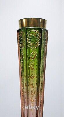 Antique 1890 De Moser Bohème Verre D'art Vert Vers Le Bas À Rose Élevé Gilt Vase Tall