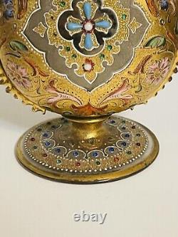 Antique 19c Moser Gold Vase En Verre Émaillé Jeweled
