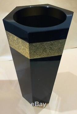 Antique Art Déco Moser Signé Tchécoslovaquie Noir Oroplastic Vase En Verre