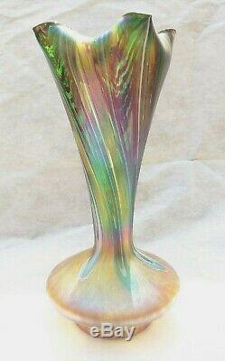 Antique Art Nouveau Bohême Tchèque Rindskopf Iridescent Vase En Verre