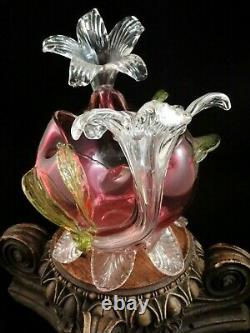Antique Bohemian Harrach Cranberry Art Rose Bowl W Vases Floriformes Appliquées