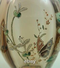 Antique Bohemian Harrach / Moser Peint À La Main En Émail Butterfly Art Vase En Verre