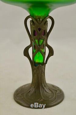 Antique C. 1905 Jugendstil Art Nouveau Loetz Vase En Verre Irisé Avec Base En Étain