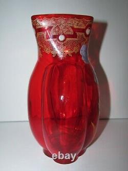 Antique Émaillé À La Main Peint À La Main Français Mont Joye Legras Vase En Verre D'art Rouge 904