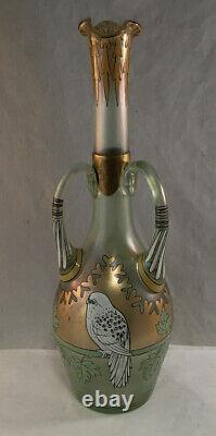 Antique Fritz Heckert Iridescent Glass Émail Gilt Bird Cypern Vase Art Nouveau