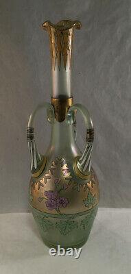 Antique Fritz Heckert Iridescent Glass Émail Gilt Bird Cypern Vase Art Nouveau