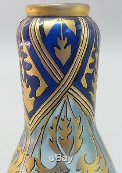 Antique Iridized Bleu Bohemian Art Nouveau Vase En Verre Avec Gilt Décoration C. 1900