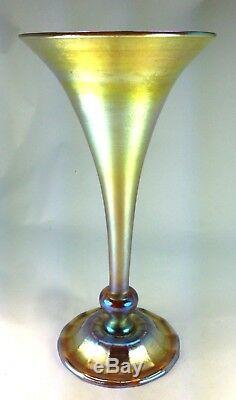 Antique L. C. Tiffany Or Favrile Iridescent Art Glass Vase Trompette Roue Cut
