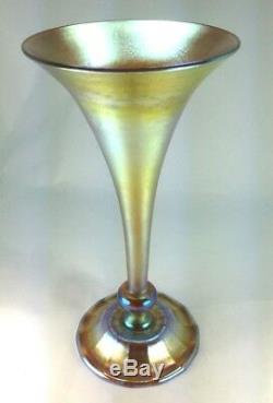 Antique L. C. Tiffany Or Favrile Iridescent Art Glass Vase Trompette Roue Cut