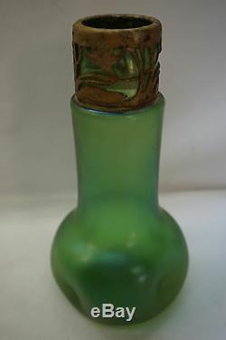 Antique Loetz Verre Vert Vase Metal Art Nouveau Stretch Recouvrement 8in Iridescent