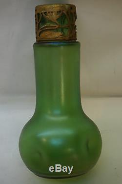 Antique Loetz Verre Vert Vase Metal Art Nouveau Stretch Recouvrement 8in Iridescent
