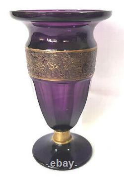 Antique Moser Amethyst Facetted Warrior Frieze Scène Vase Art Verre Tchèque 71/2tall