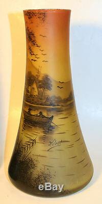 Antique Pierre Jost Art De Verre Peintes À La Main Vase Pair 9,75 25cm Lac Pêche