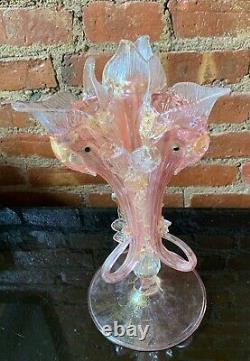 Antique Salviati Murano Vénitien Gold Flake Art Glass 3 Sea Serpent Dolphin Vase