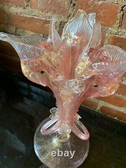 Antique Salviati Murano Vénitien Gold Flake Art Glass 3 Sea Serpent Dolphin Vase