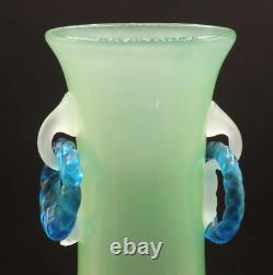 Antique Steuben Art Glass Vase Jade, Albâtre Et Anneaux Bleus 12.75 Tall C. 1925