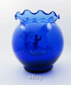 Antique Victorian Cobalt Bleu Mary Gregory Glass Bowl Vase Boy