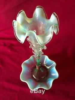 Art Antique Victorian Vaseline Verre Opalescent Épergne Trompette Vase 12