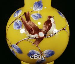 Art Antique Victorien Verre Vase Ruffled Émaillés Oiseaux Décoration Jaune Rose