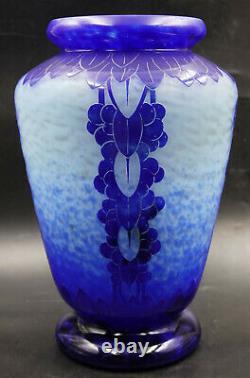 Art Déco Français Le Verre Francais Myrtilles Vase Blue Glass Cameo Signé Charder