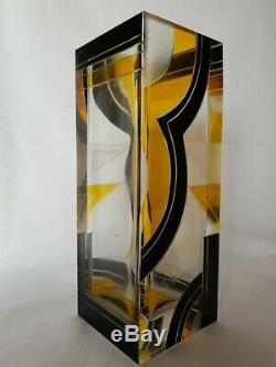 Art Déco Tchécoslovaque Tchèque Karel Palda Verre Vase Géométrique Noir / Jaune