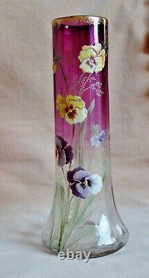 Art Nouveau Moser Enamelled Amethyst Glass Pansy Vase Antique Legras Mont Joye