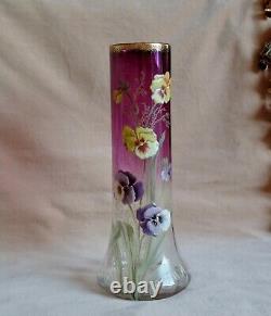 Art Nouveau Moser Enamelled Amethyst Glass Pansy Vase Antique Legras Mont Joye