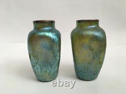 Art Nouvel Loetz Vert Iridescent Pair Vases En Verre D'art Superposition Argent