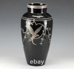 Art-deco Rockwell Argent Charbonné Amethyst Vase En Verre Parrot Sur La Branche