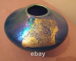 Au Début Robert Eickholt Art Blue Glass Aurene Vase Ovoïde Etendu Soufflé À La Bouche 1987