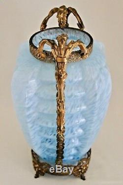 Bohème Art Déco Agua Bleu Nervuré Spatter Vase En Verre 11.5 Gilt Métal Mounted