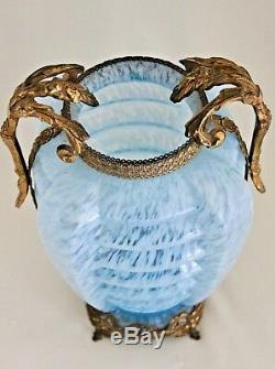 Bohème Art Déco Agua Bleu Nervuré Spatter Vase En Verre 11.5 Gilt Métal Mounted