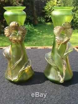 Bohême Tchèque Loetz / Paire Kralik Art Nouveau D'art Vases En Verre Vase