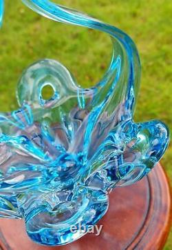Bohemian Cristal Verre Grand Panier Vase En Verre D'art Bleu Vase Vintage Egermann
