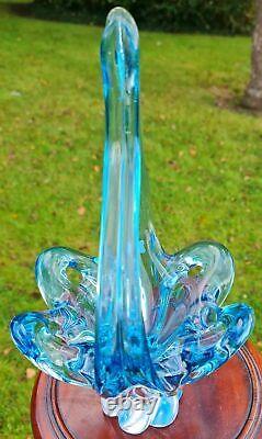 Bohemian Cristal Verre Grand Panier Vase En Verre D'art Bleu Vase Vintage Egermann